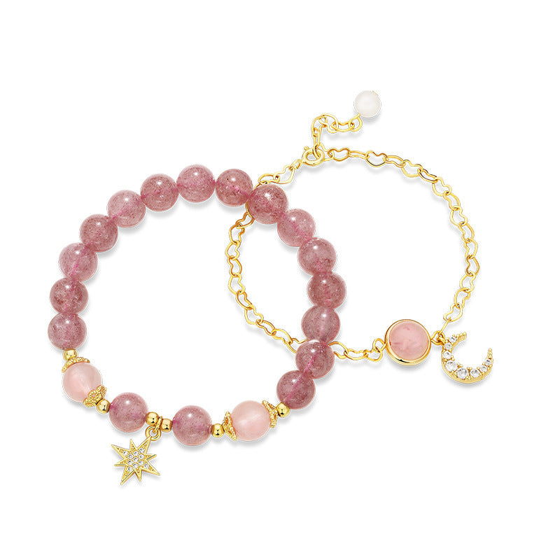 Strawberry/Rose Quartz Moon and Star Crystal Bracelet Set