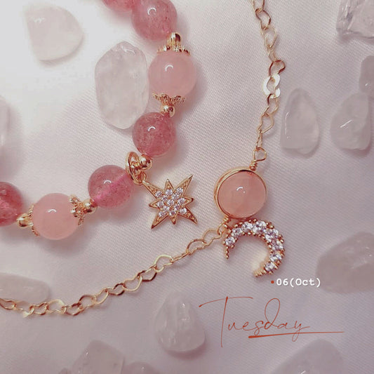 Strawberry/Rose Quartz Moon and Star Crystal Bracelet Set